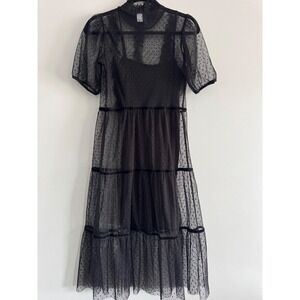H&M Divided Swiss Dot Mesh Midi Dress Women S Black Ruffle Tiered Victorian goth